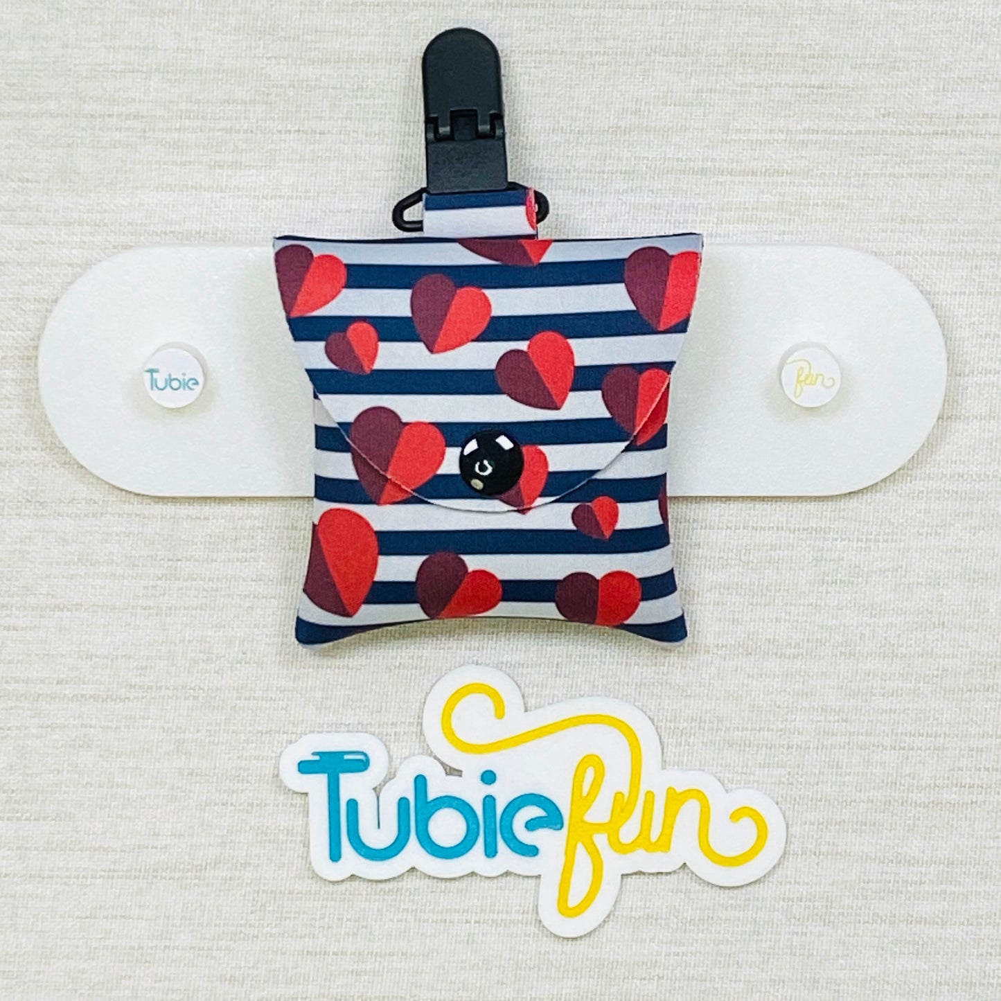 Neoprene Tubing Pouch - Red Hearts on Black Stripes