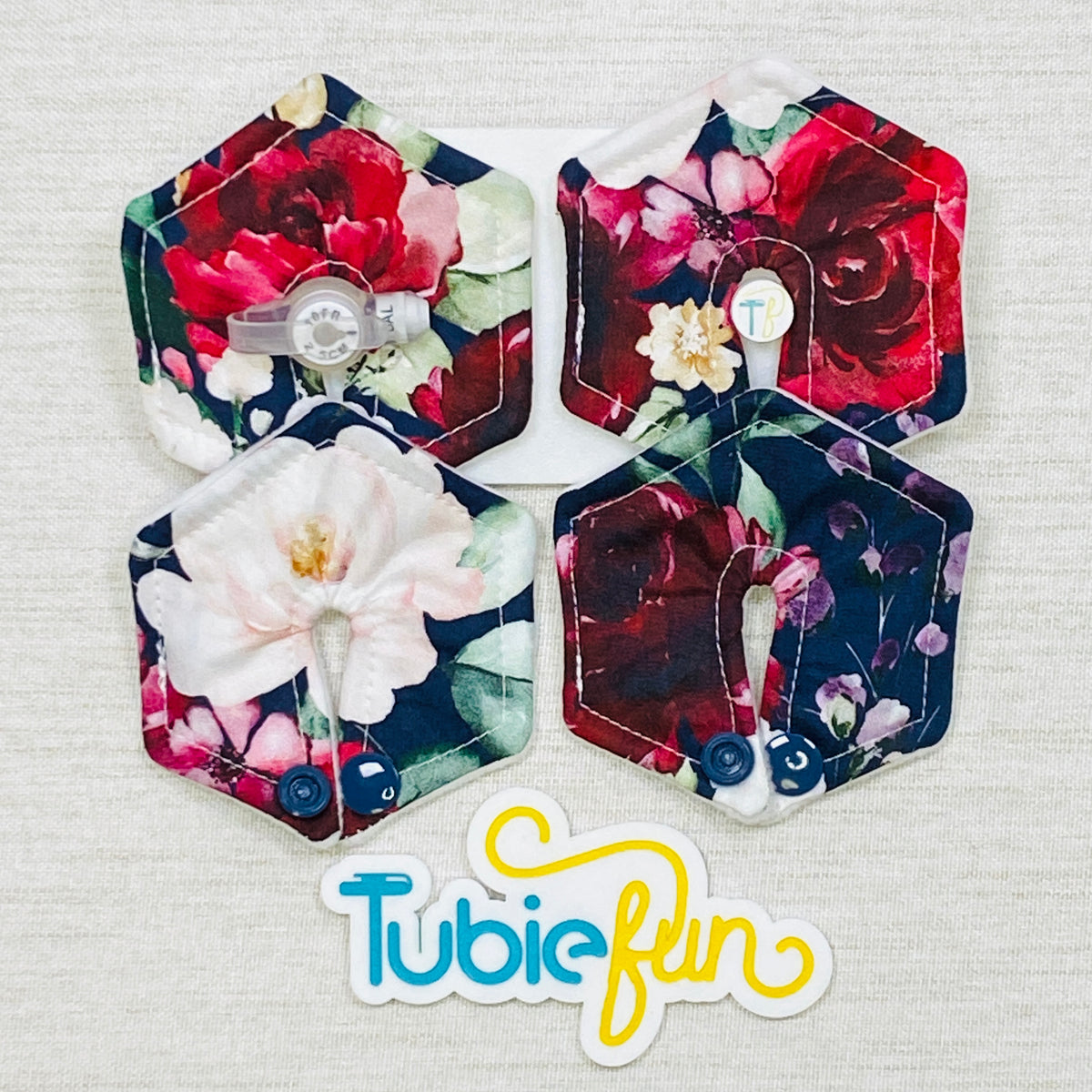 Hexagon G-Tube Button Pad Cover - Flowers on Navy
