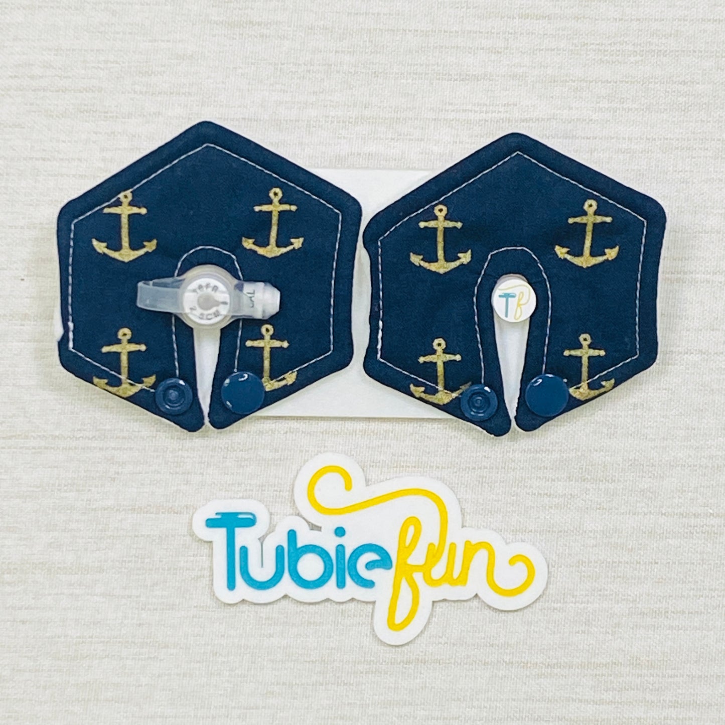 Hexagon G-Tube Button Pad Cover - Gold Anchors on Navy