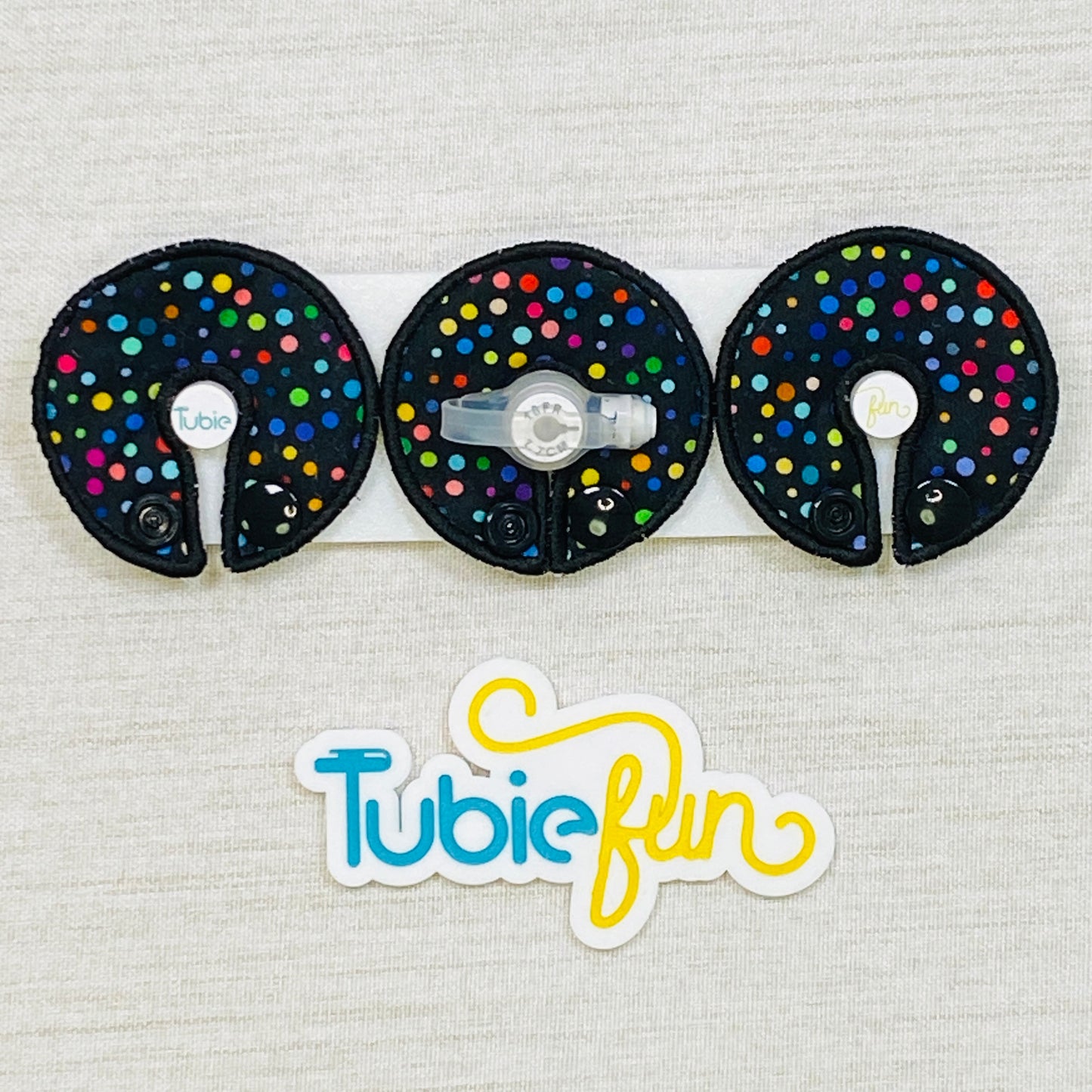 G-Tube Button Pad Cover - Coloured Dots on Black