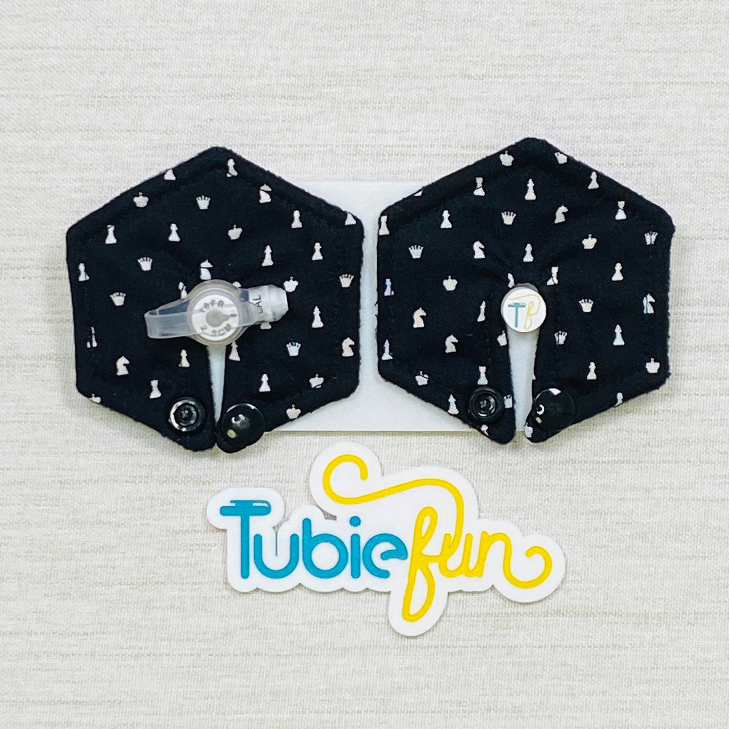 Hexagon G-Tube Button Pad Cover - Chess Pieces White on Black
