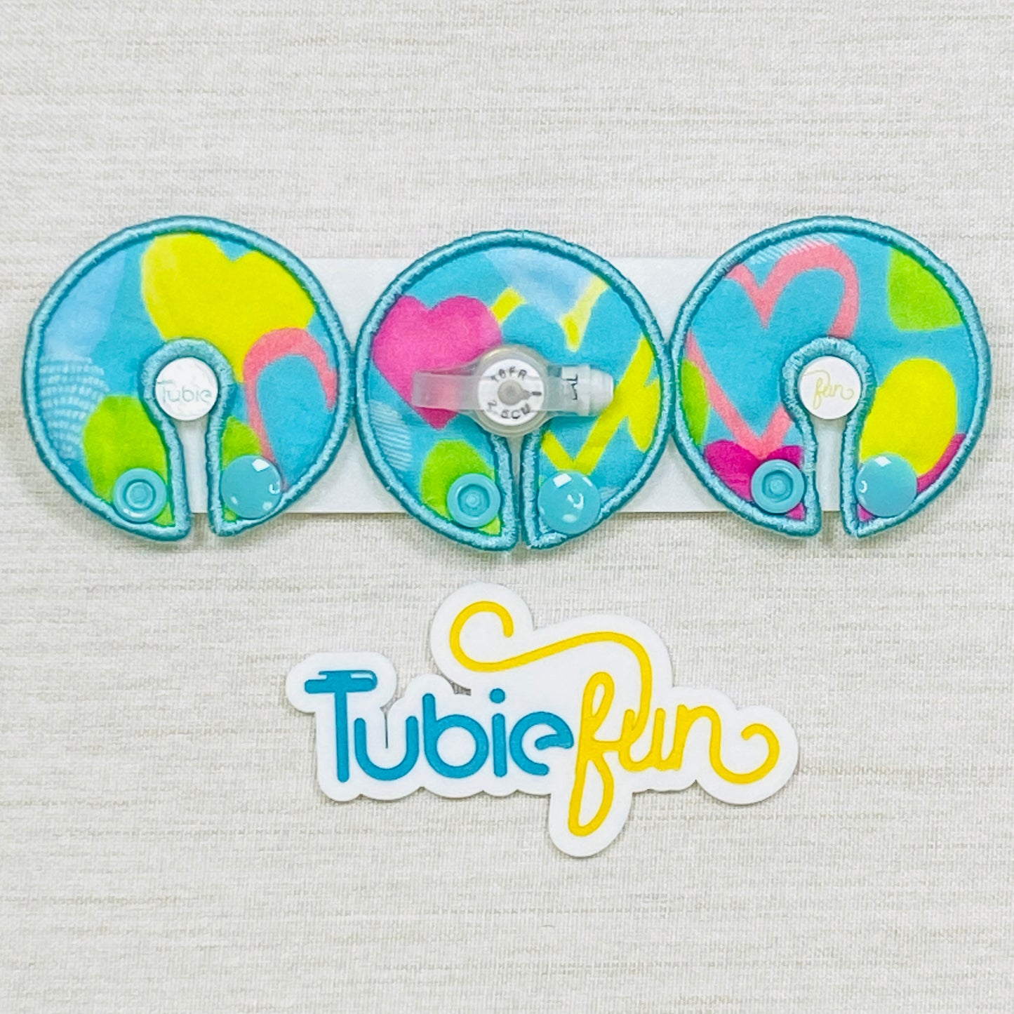 G-Tube Button Pad Cover - Hearts on Teal