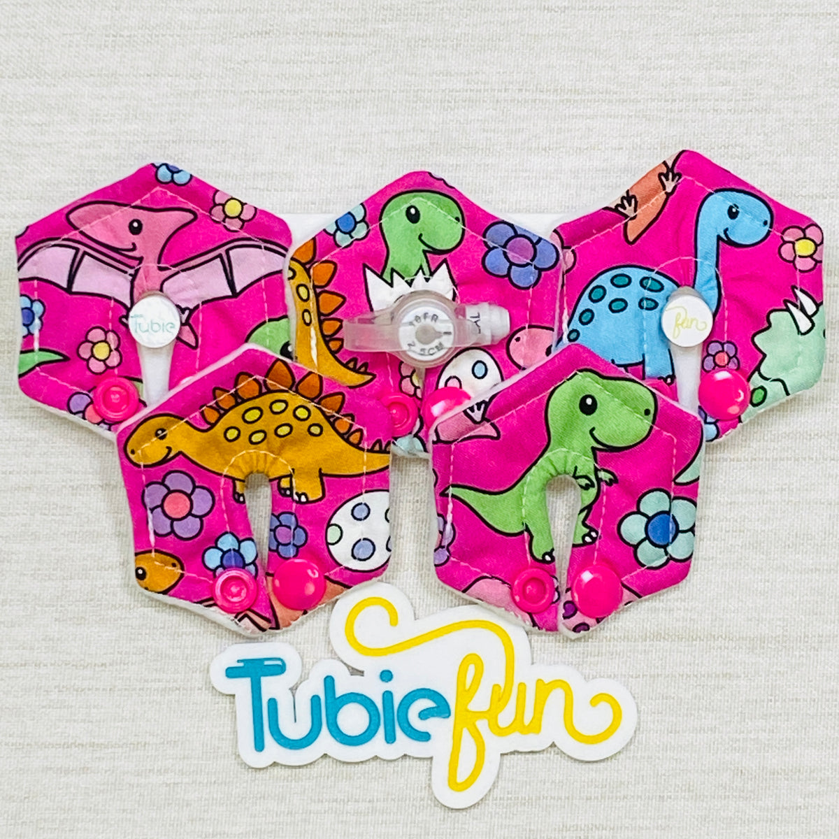 Mini Hexagon G-Tube Button Pad Cover - Coloured Dinosaurs on Pink