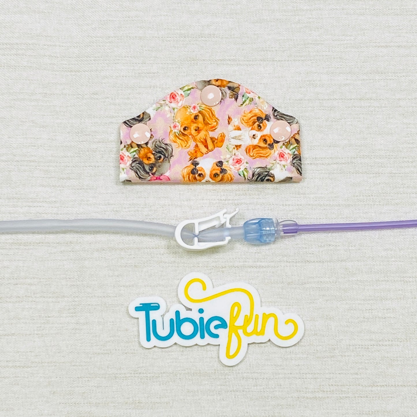 Feeding Tube Mini Connection Cover - Dogs and Flowers on Pink