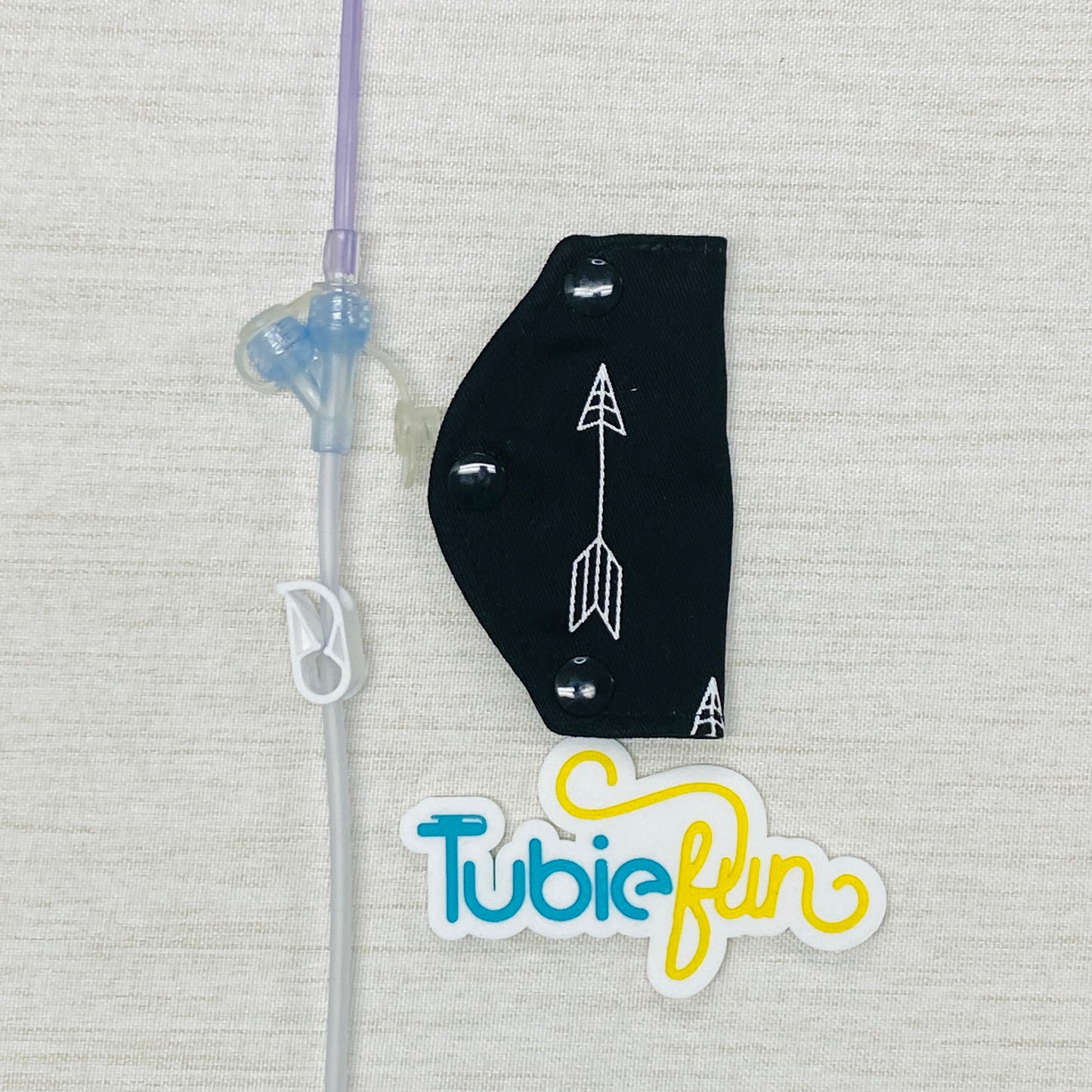 Feeding Tube Mini Connection Cover - White Arrow on Black