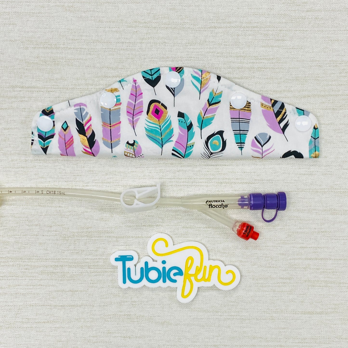Large Feeding Tube Connection Cover -Teal and Pink Feathers