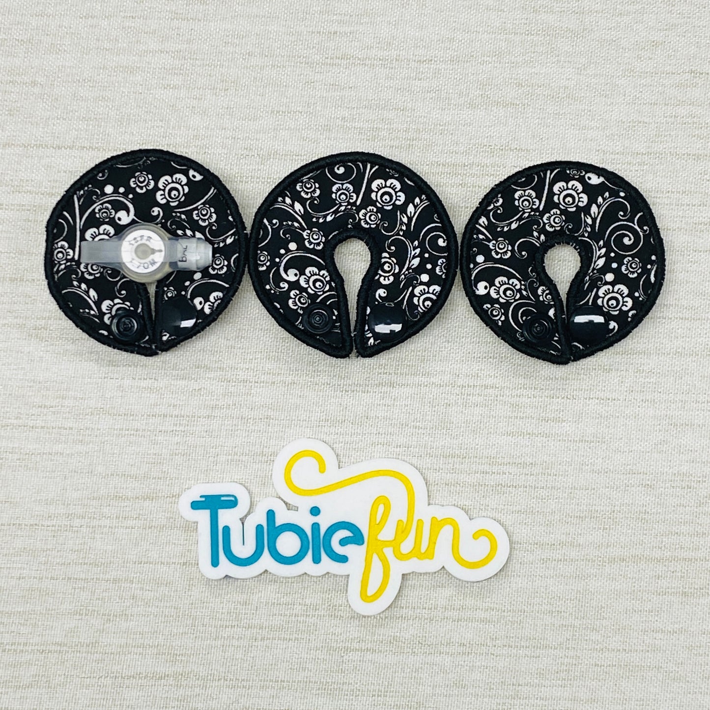 G-Tube Button Pad Cover - White Flowers on Black