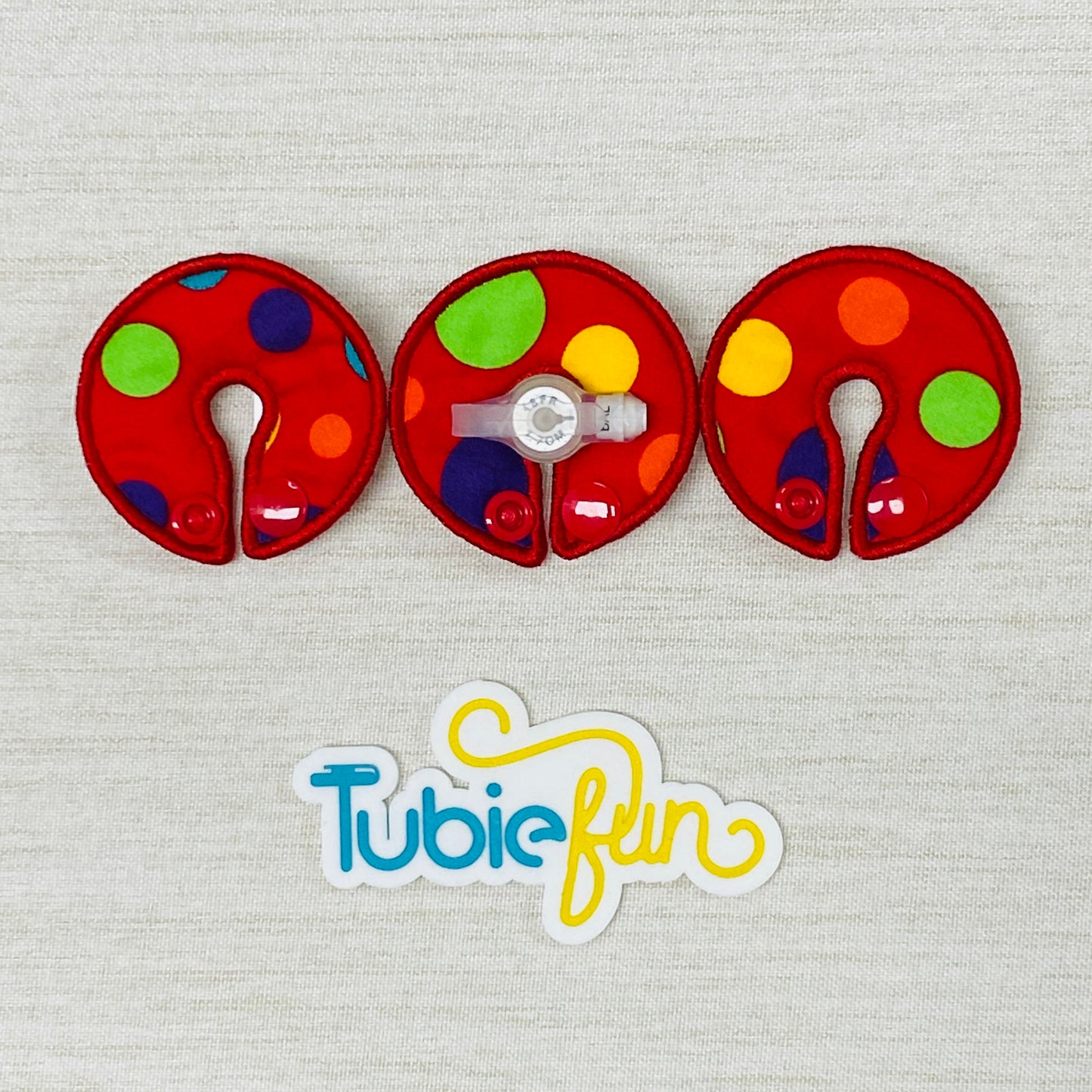 G-Tube Button Pad Cover - Coloured Dots on Red