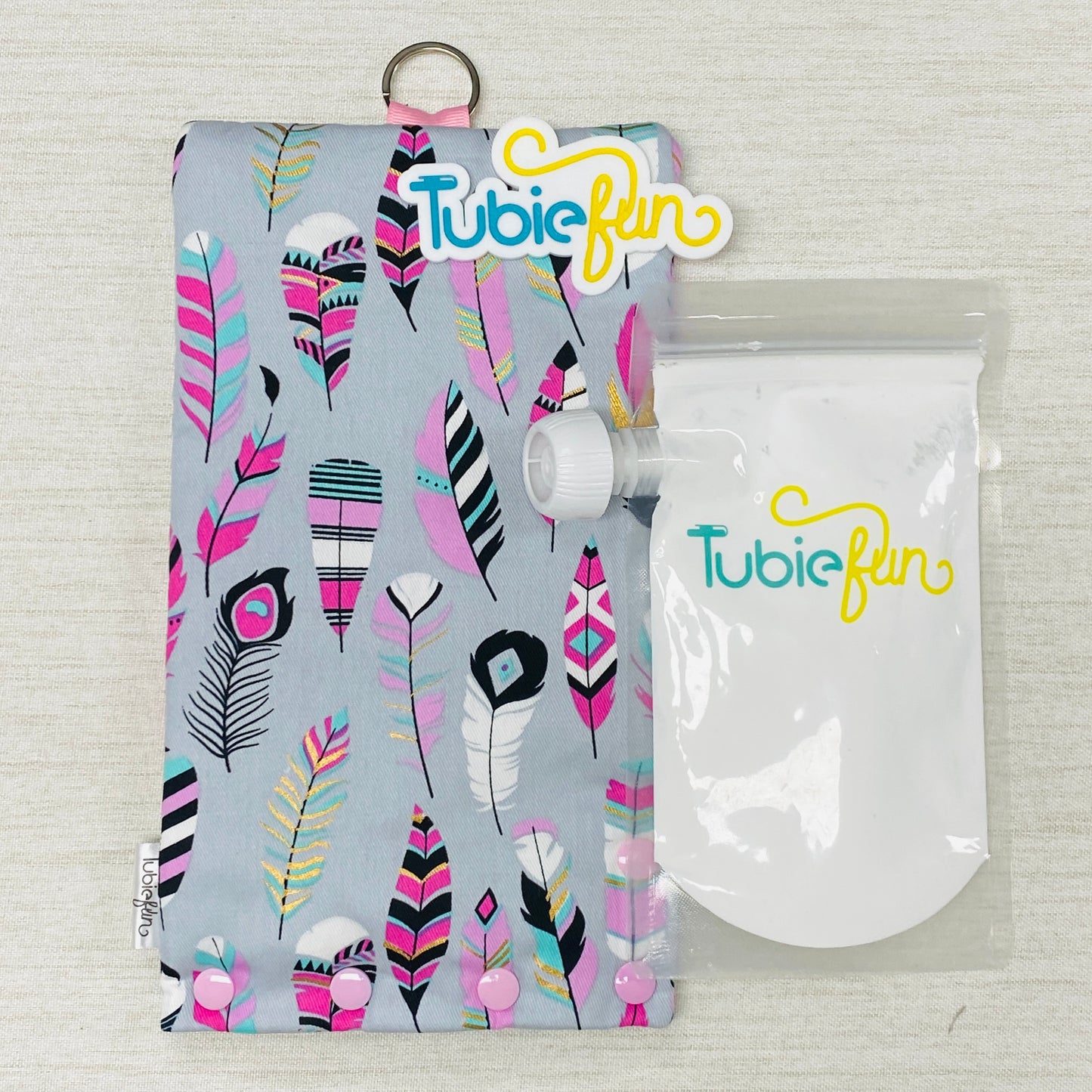 Insulated Milk Bag Suitable for Reusable Pouches - Pink Feathers on Grey