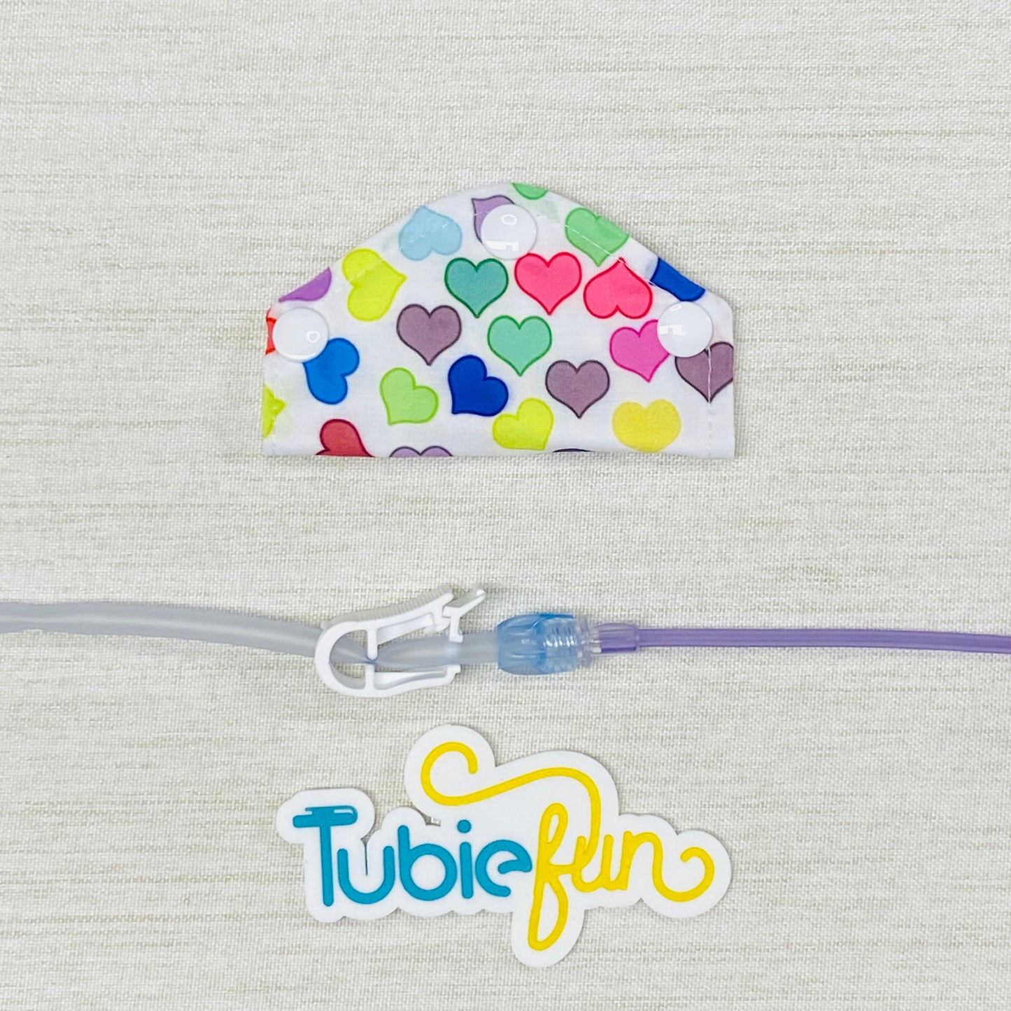 Feeding Tube Mini Connection Cover - Coloured Hearts on White