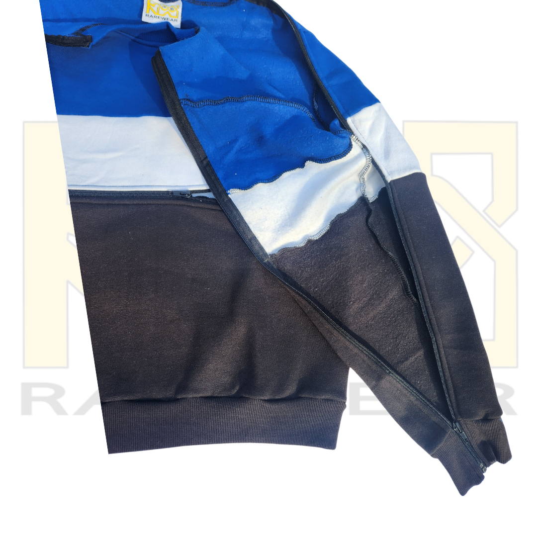 Blue white and black adaptive children's jumper with zip from neck to wrist, fully open