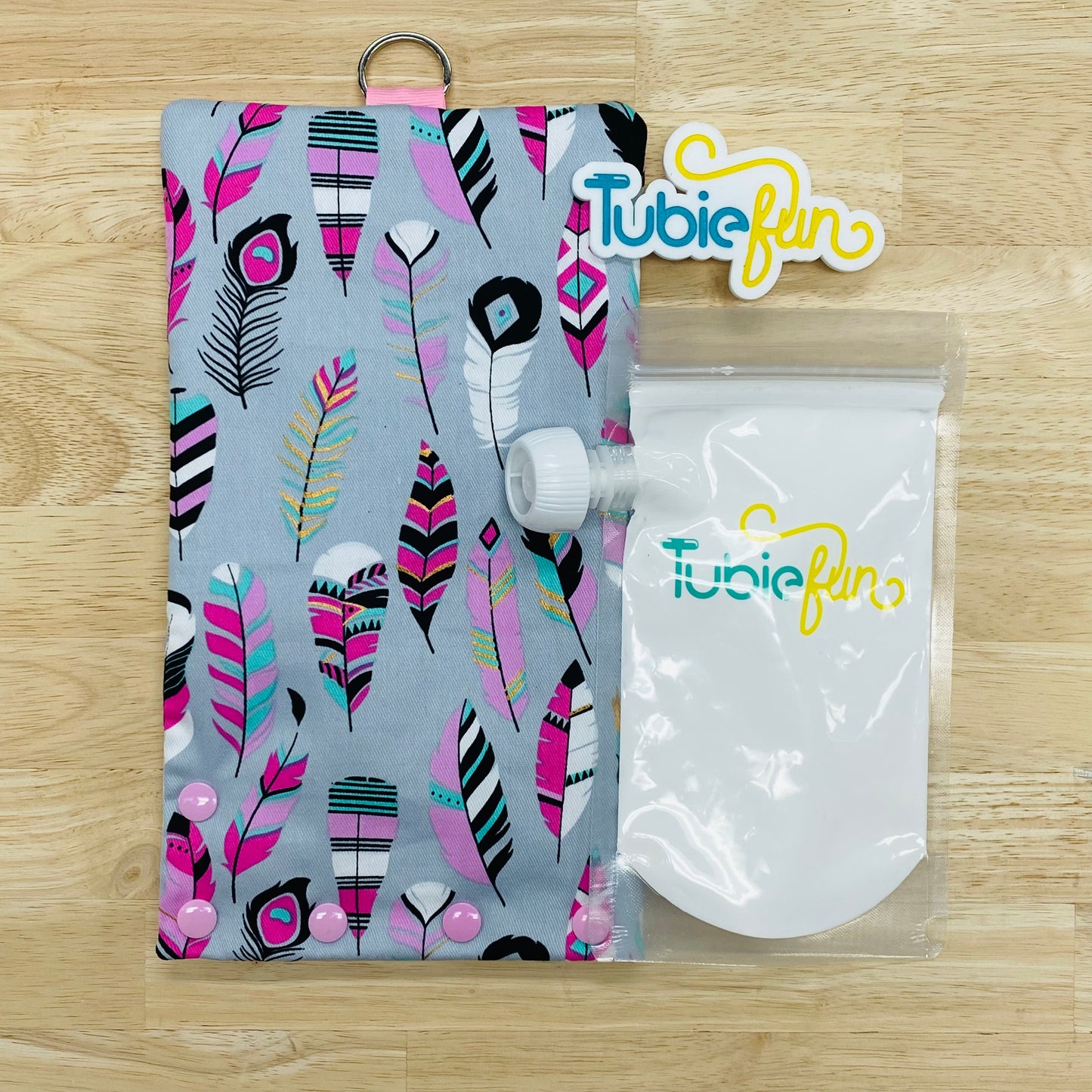 Insulated Milk Bag Suitable for Tubie Fun Reusable Pouches - Pink Feathers on Grey