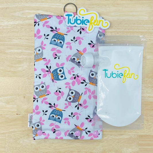 Insulated Milk Bag Suitable for Tubie Fun 500ml Reusable Pouches - Owls on White