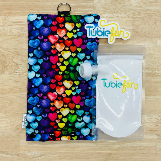 Insulated Milk Bag Suitable for Tubie Fun 500ml Reusable Pouches - Colourful Hearts on Black