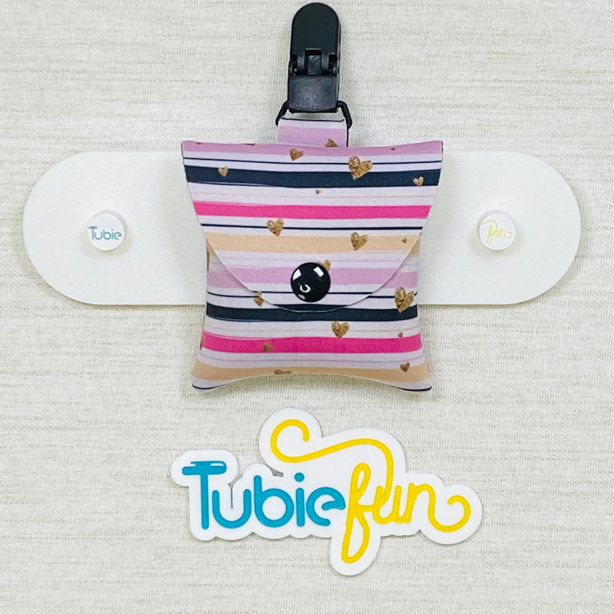 Neoprene Tubing Pouch - Gold Hearts on Pink Stripes