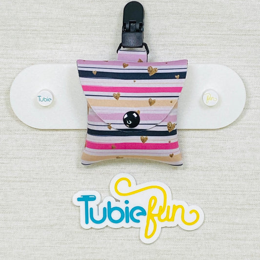 Neoprene Tubing Pouch - Gold Hearts on Pink Stripes