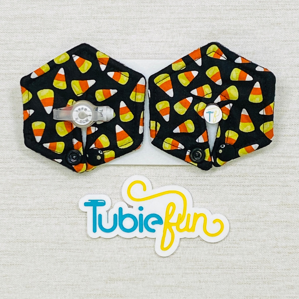 Hexagon G-Tube Button Pad Cover - Candy Corns on Black