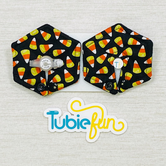 Hexagon G-Tube Button Pad Cover - Candy Corns on Black