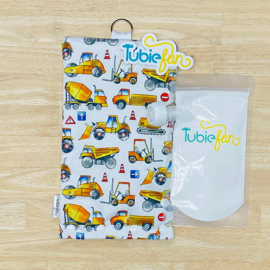Insulated Milk Bag Suitable for Tubie Fun 500ml Reusable Pouches - Construction Vehicles on White