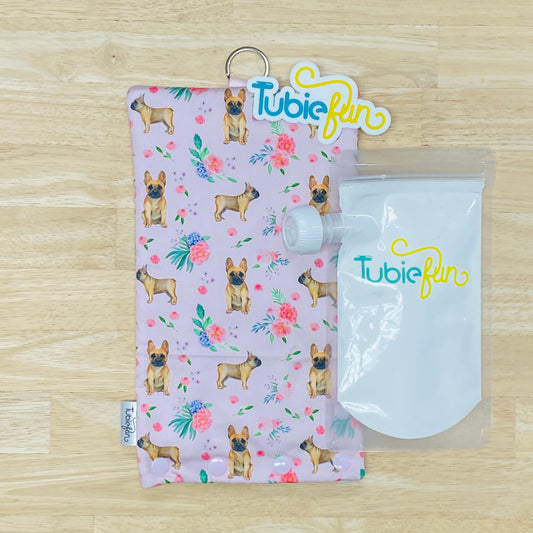 Insulated Milk Bag Suitable for Tubie Fun 500ml Reusable Pouches - Frenchies on Pink