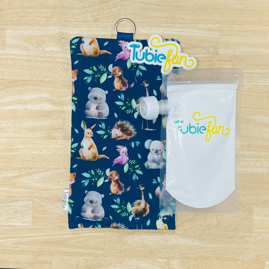 Insulated Milk Bag Suitable for Tubie Fun 500ml Reusable Pouches - Aussie Animals on Blue