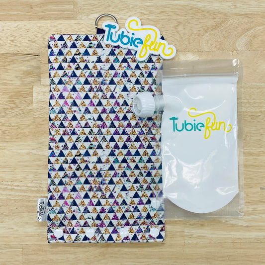 Insulated Milk Bag Suitable for Tubie Fun 500ml Reusable Pouches - Purple and Gold Triangle