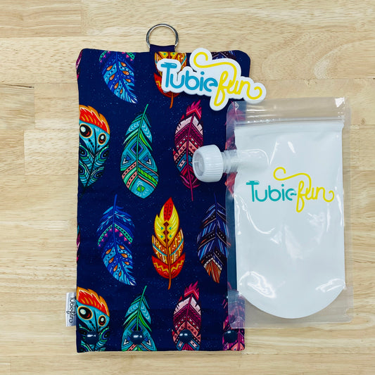 Insulated Milk Bag Suitable for Tubie Fun 500ml Reusable Pouches - Coloured Feathers on Purple