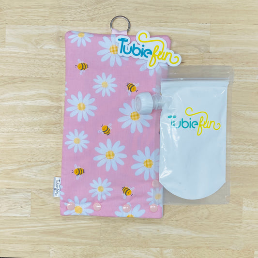 Insulated Milk Bag Suitable for Tubie Fun 500ml Reusable Pouches - Bees and Flowers on Pink