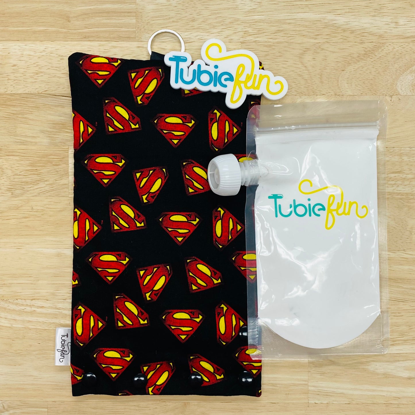 Insulated Milk Bag Suitable for Tubie Fun Reusable Pouches - Super Hero Symbol on Black