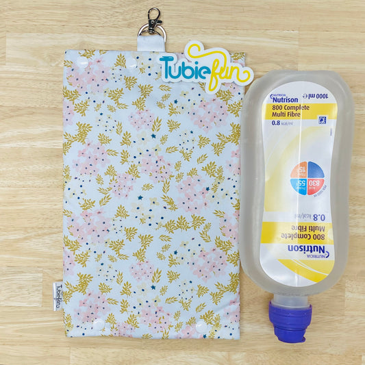 Insulated Milk Bag Suitable for 1L Flocare Bottle - Mini Pink and Cream Flowers on White