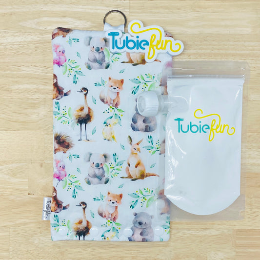 Insulated Milk Bag Suitable for Tubie Fun 500ml Reusable Pouches - Animals on White