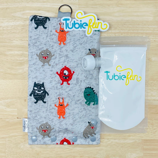 Insulated Milk Bag Suitable for Tubie Fun 500ml Reusable Pouches - Monsters on Grey