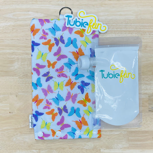 Insulated Milk Bag Suitable for Tubie Fun 500ml Reusable Pouches - Butterflies on White