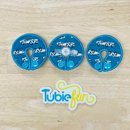 G-Tube Button Pad Cover - Race Cars on Teal