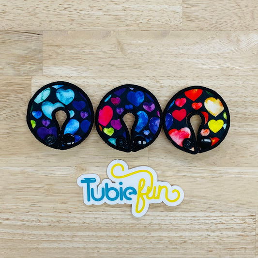 G-Tube Button Pad Cover - Coloured Hearts on Black
