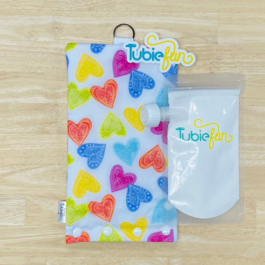 Insulated Milk Bag Suitable for Tubie Fun 500ml Reusable Pouches - Multicoloured Hearts on White
