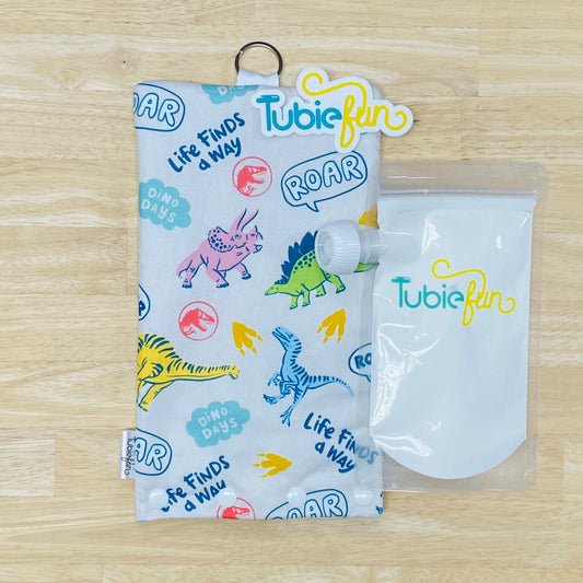Insulated Milk Bag Suitable for Tubie Fun 500ml Reusable Pouches - Coloured Dinos on White