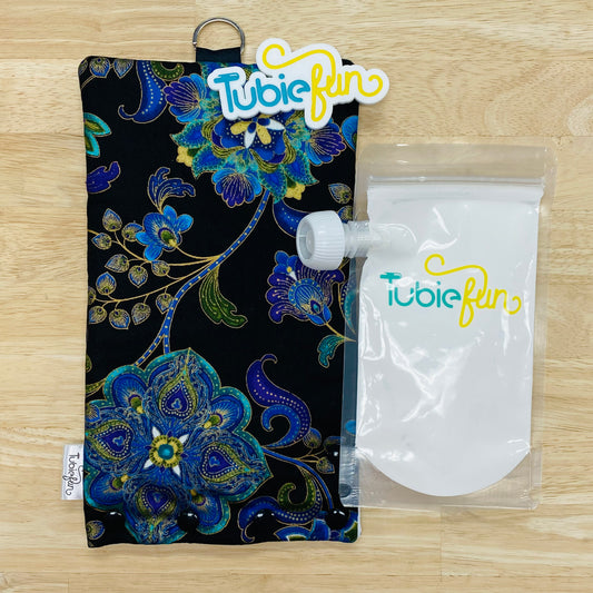Insulated Milk Bag Suitable for Tubie Fun 500ml Reusable Pouches - Blue Flowers on Black