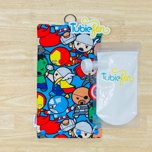 Insulated Milk Bag Suitable for Tubie Fun 500ml Reusable Pouches - Comic Heros on Blue