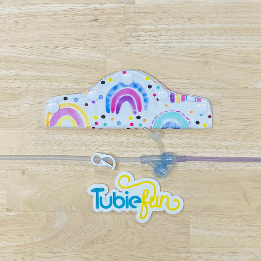 Feeding Tube Connection Cover - Rainbows and Dots on White