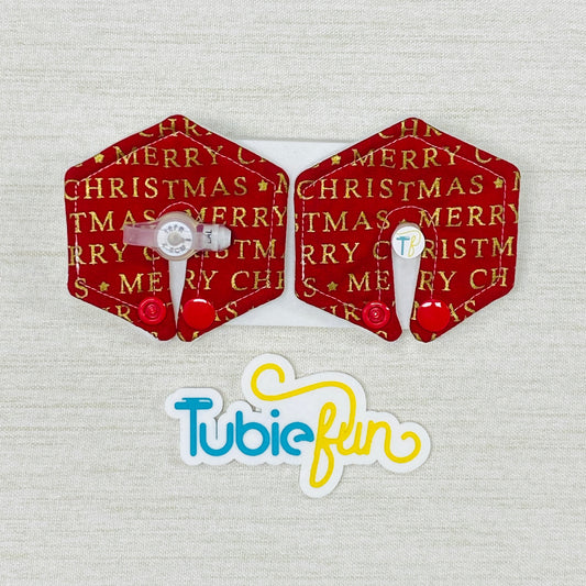 Hexagon G-Tube Button Pad Cover - Merry Christmas on Red