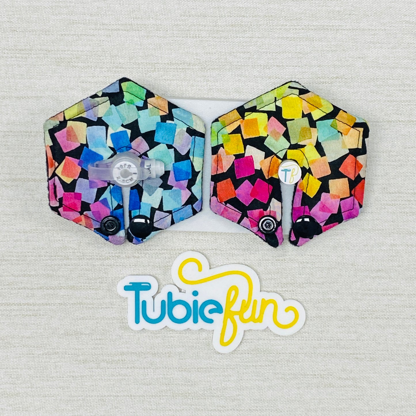 Hexagon G-Tube Button Pad Cover - Coloured Shapes on Black