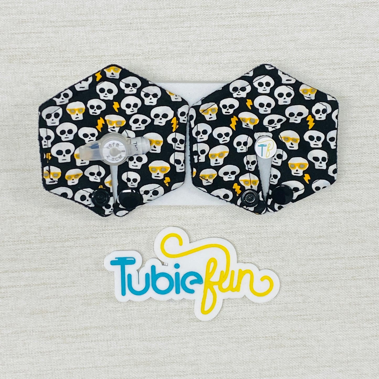 Hexagon G-Tube Button Pad Cover - Skulls on Black