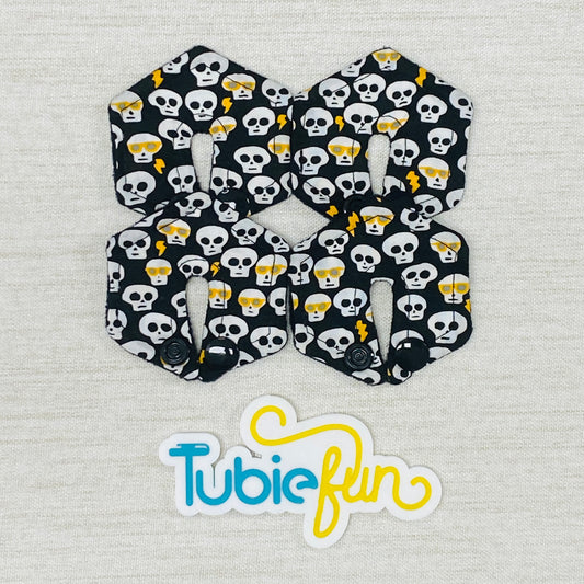 Mini Hexagon G-Tube Button Pad Cover - Skulls on Black