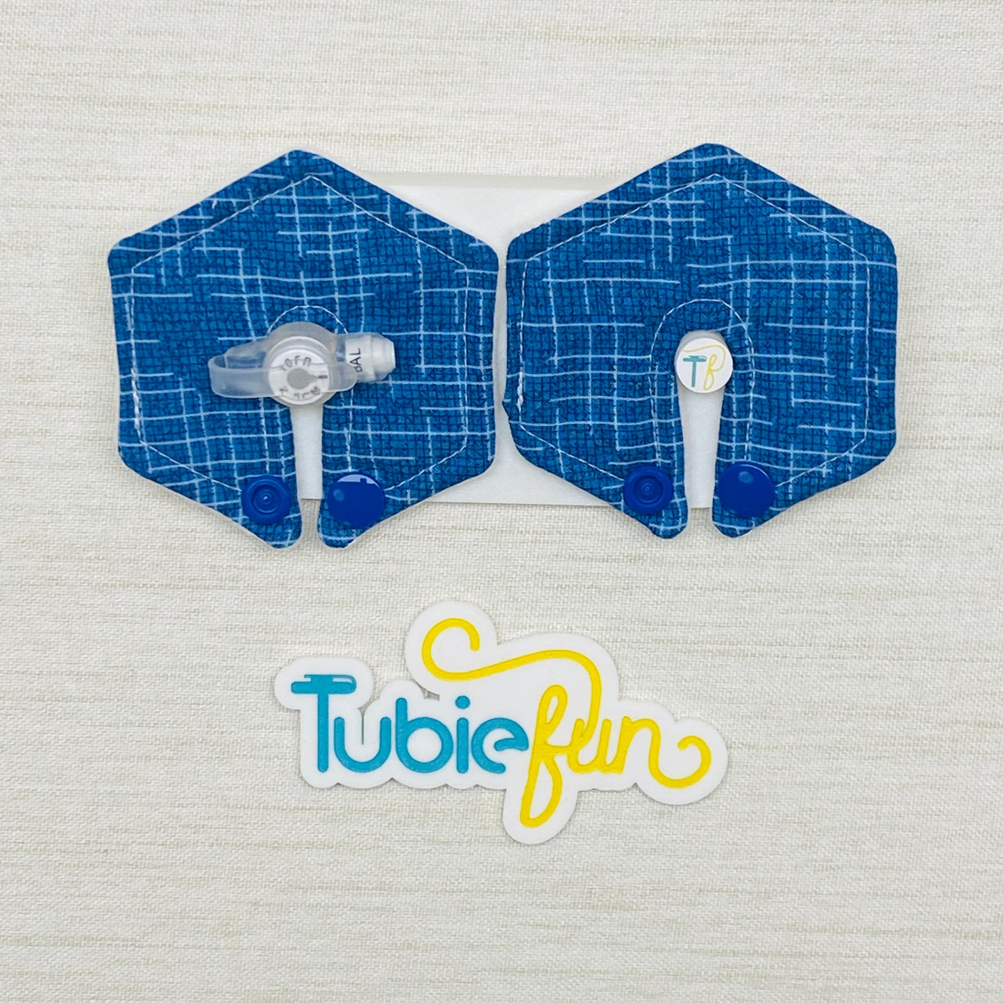 Hexagon G-Tube Button Pad Cover - Blue Check 3