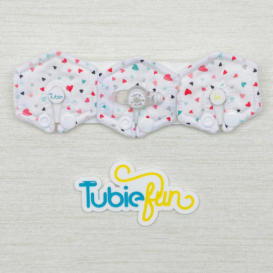 Mini Hexagon G-Tube Button Pad Cover - Mini Coloured Hearts on White