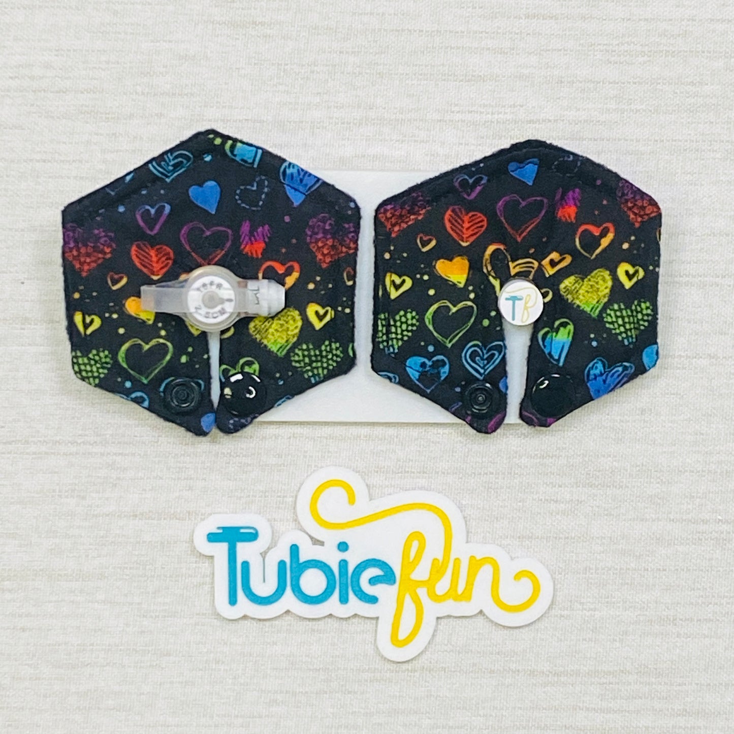 Hexagon G-Tube Button Pad Cover - Coloured Hearts on Black