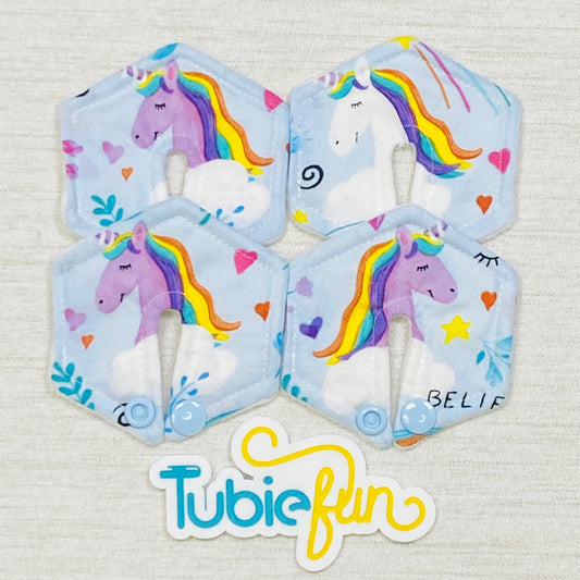 Hexagon G-Tube Button Pad Cover - Unicorns on Blue