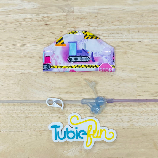 Feeding Tube Mini Connection Cover - Pink and Purple Construction