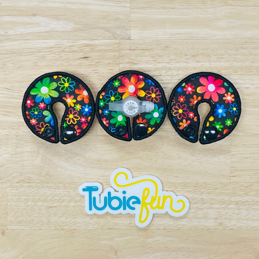 G-Tube Button Pad Cover - Coloured Flowers on Black